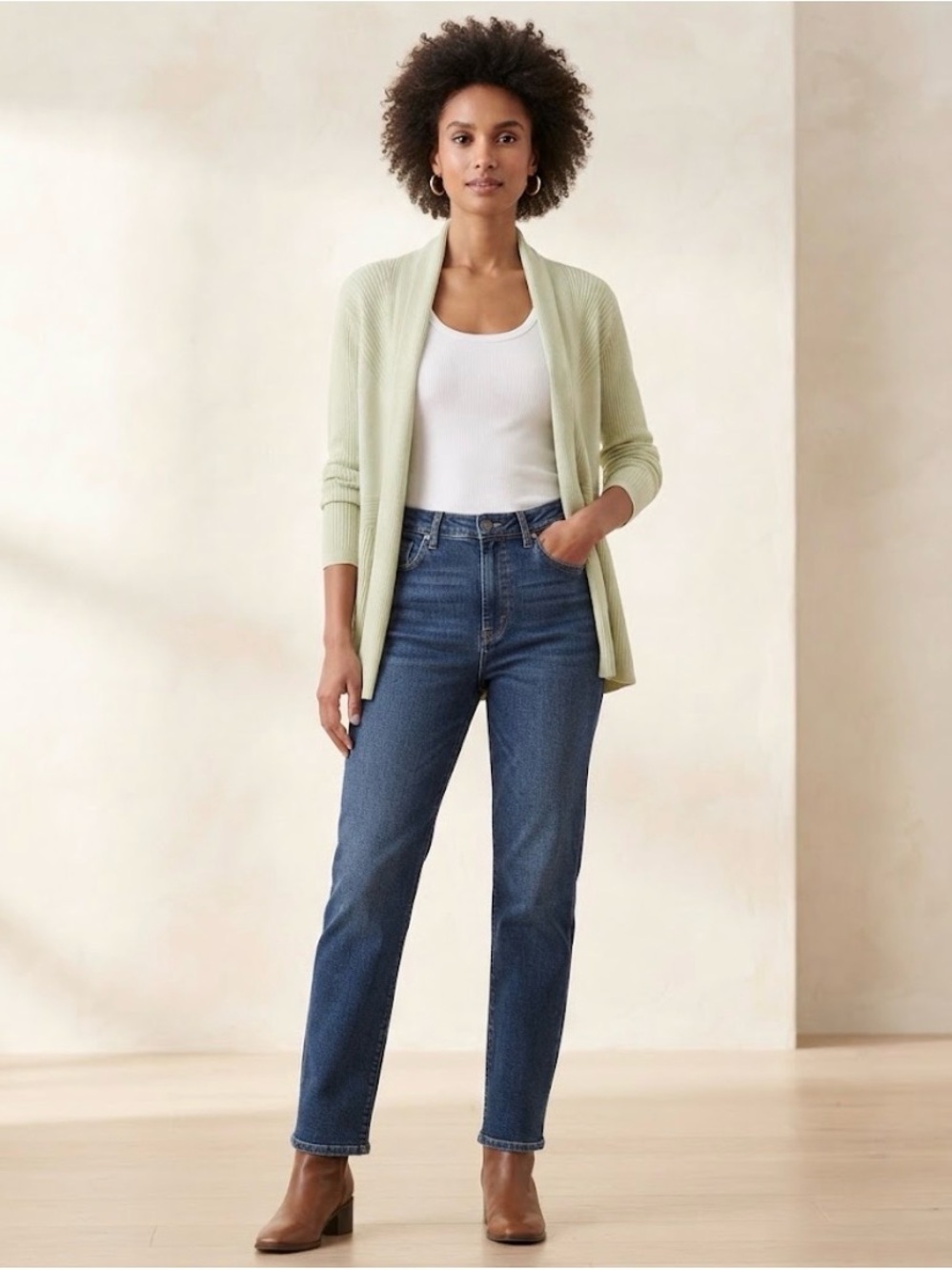 Ellen Tracy Pale Green Open-Front Ribbed Drape Cardigan